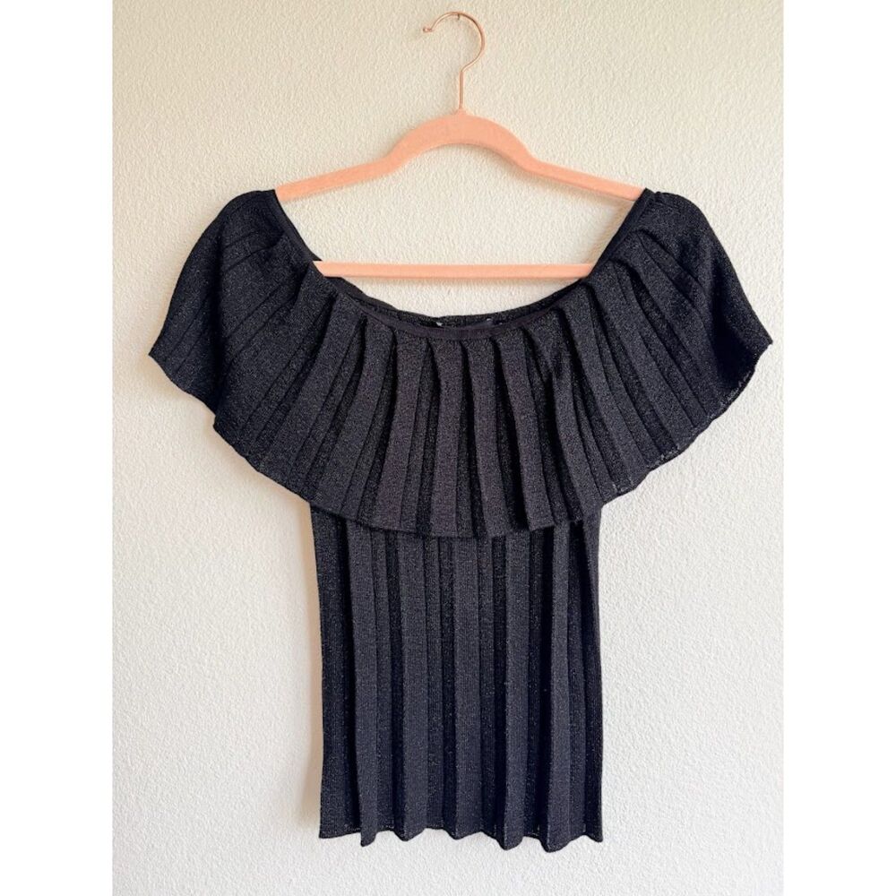 Vintage Arden B Off The Shoulder Pleated Knit Lurex Top in Metallic Black S NWT